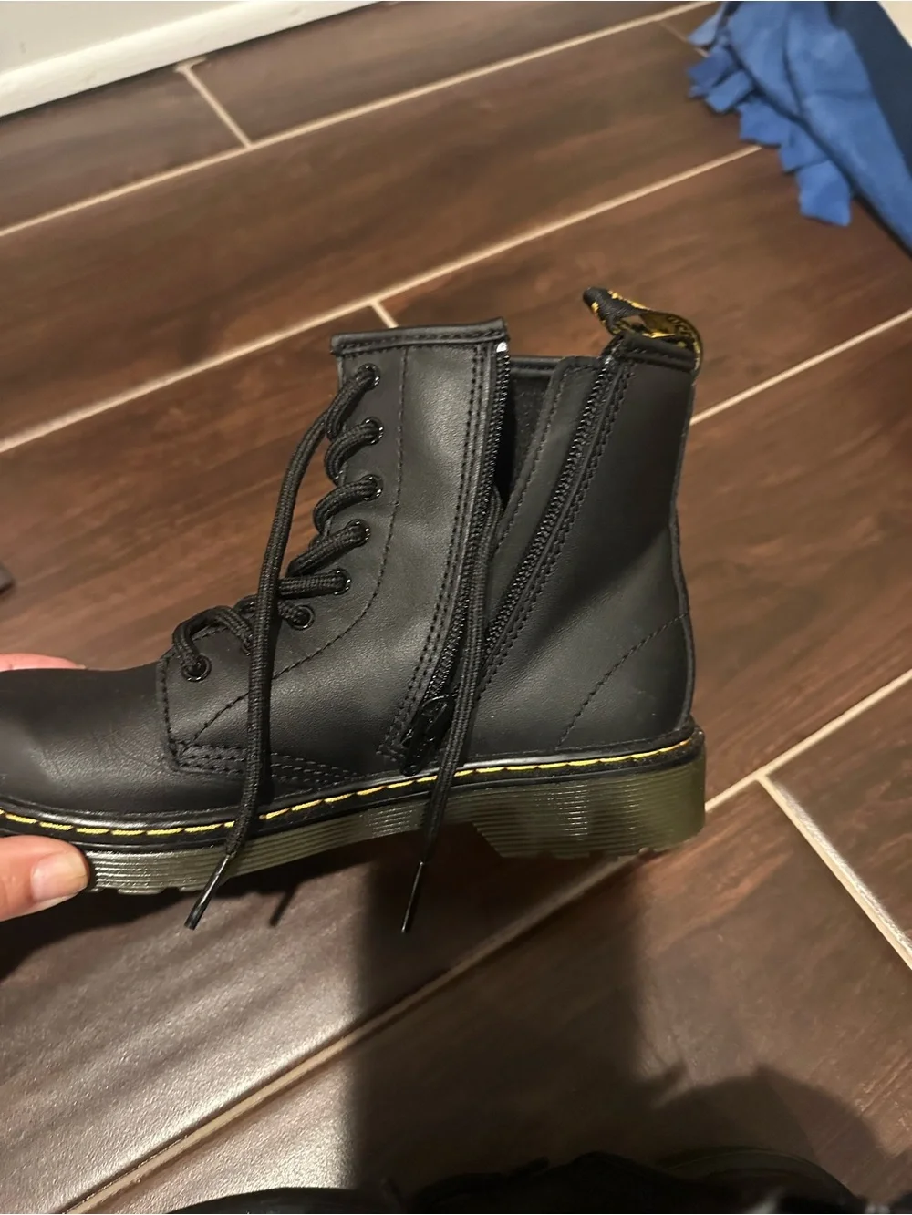 Dr. Martens Kids Black Lace-Up Boots with Yellow Stitching